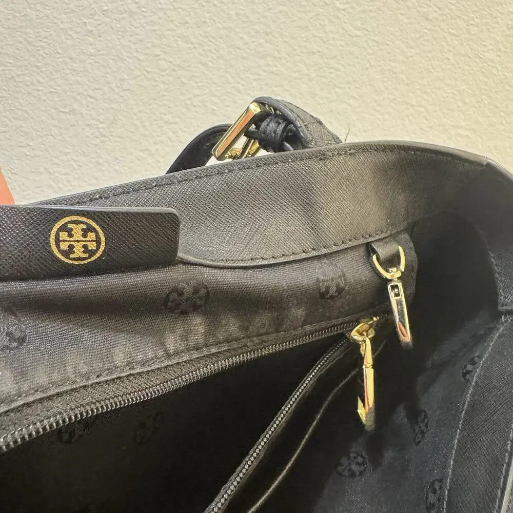 Tory Burch Small York Buckle Leather Tote Black Gold Hardware